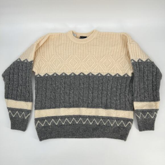 Checkmate New Wool Sweater New Zealand Size Large Chunky Cable Knit Gray Cream - Picture 1 of 10